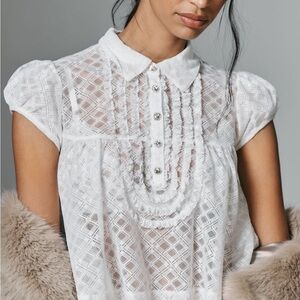 Maeve White Lace Pintuck Bib Cap-Sleeve Blouse 
Anthropologie NWT Medium